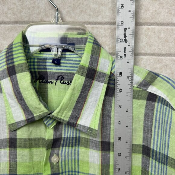 Alan Flusser Green Plaid 100% Linen Short Sleeve Button-Down Shirt Men’s Large - Picture 7 of 8